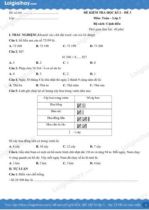 Đề kiểm tra học kì 2 Toán 3 Cánh diều - Đề số 3